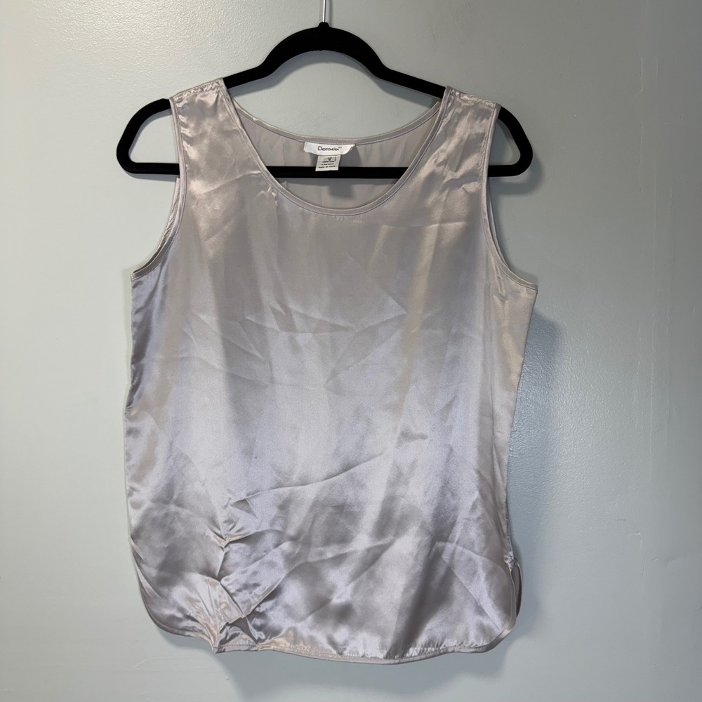 Dorman Womens 100% Silk Tank Top Silver Champagne Satin Scoop Neck Size S